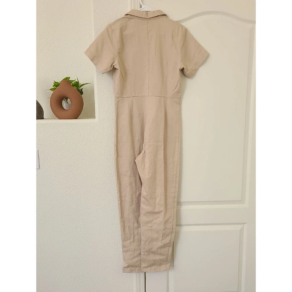 Ilana Kohn Beige Short Sleeve Button Front Jumpsuit Overall Cotton Utility Sz 4